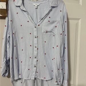 Time and Tru Blue and White Striped Top with red hearts